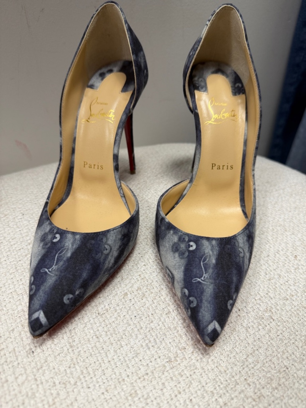 Christian Louboutin Gray Patterned Pointed-Toe D'Orsay Pumps